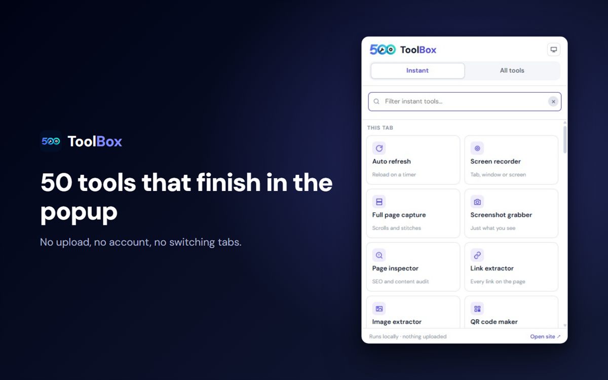 The 500Toolbox Chrome extension popup, with its tools grouped by job.